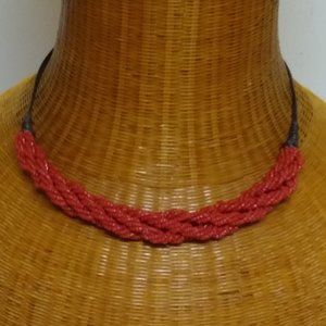 Crimson Beaded Necklace with Leather Wrap Weave Cord